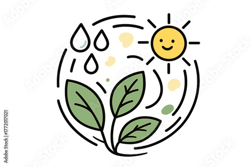 Harmony in Growth. Harmony of Growth. Circular composition of leaves, sun, and soft rain icons merging together. Smooth motion lines show renewal and balance.