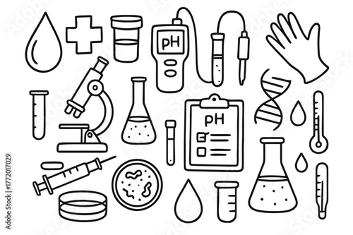 Medical pH Testing Tools. Medical and biological pH testing. Hand-drawn doodle illustration Medical and biological pH testing blood drop, urine sample cup,