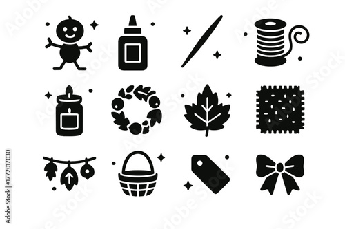 Chestnut Craft Icons. Chestnut Crafts and Decor. Solid icons set of Chestnut Crafts and Decor: chestnut figure, glue bottle, toothpick, string, candle jar,