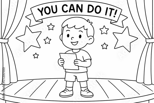 Confident Stage Performance. Stage courage children?s coloring book illustration, outlined drawing, a child standing confidently on stage while holding a