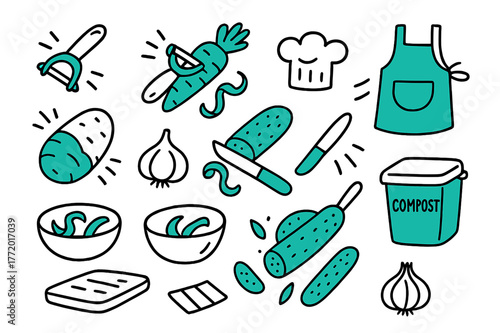 Vegetable Peeling Doodle. // Peeling vegetables. Hand-drawn doodle illustration peeling vegetables [vegetable peeler (accented), carrot, potato (accented),