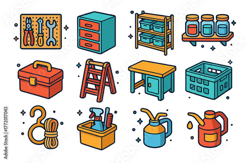 Colorful Garage Icons. Garage and workshop storage. Colorful isometric vector icons set of Garage and workshop storage: tool pegboard, drawers cabinet, storage