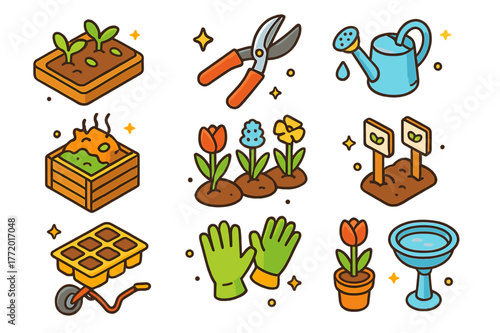 Colorful Garden Icons. Seasonal garden awakening. Colorful isometric vector icons set of Seasonal garden awakening: garden bed sprouts, pruning shears,