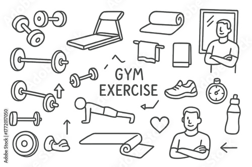 Gym Equipment Doodles. Gym exercise. Hand-drawn doodle illustration gym exercise dumbbells, treadmill, mat, towel, barbell, push-up icon, weights, shoes,