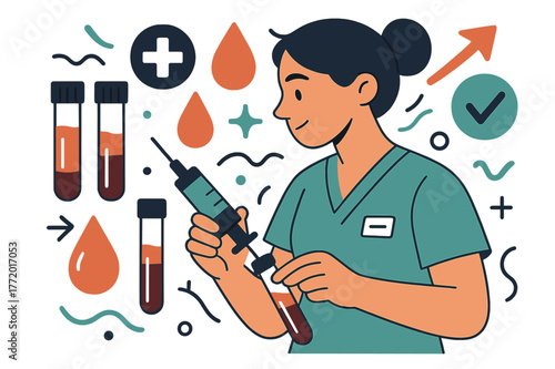 Blood Test Preparation. Blood test. Nurse preparing blood sample with abstract floating test tubes, drops, and icons; conveys accuracy, healthcare, and lab
