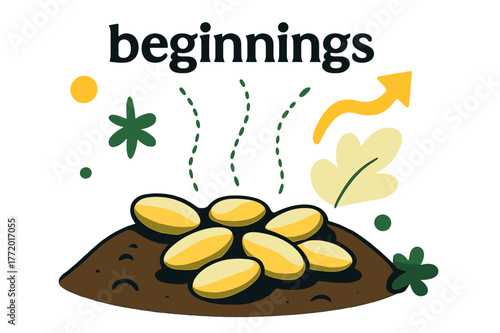 Seeds of Beginnings. Seeds. A handful of seeds rests on open soil; small dotted lines trace potential sprouts upward. Caption ?beginnings? floats softly above.