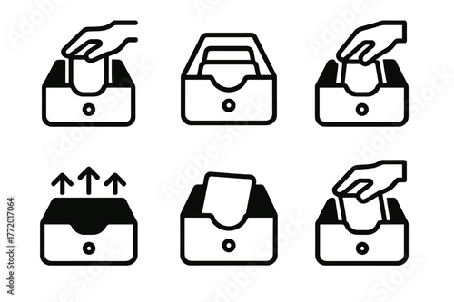 Minimal Storage Logos. Cleaning Out a Drawer. Set Logo of Decluttered Space: Minimal outline, Negative space, Flat solid, Symmetrical form, Stylized detail,
