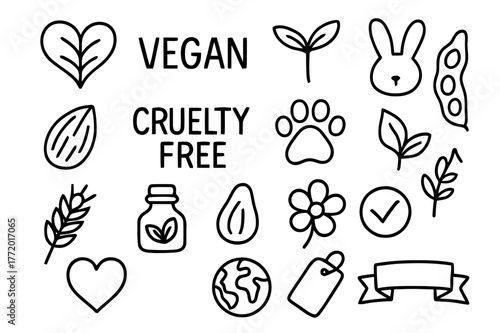 Vegan Doodle Icons. Vegan and cruelty-free labels. Hand-drawn doodle illustration Vegan and cruelty-free labels leaf heart, plant sprout, bunny outline, paw