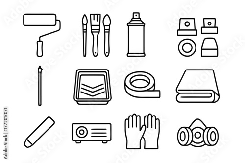 Mural Artist Icons. Mural Artist Toolkit. Line icon set of Mural Artist Toolkit: wide roller, brush set, spray can, cap nozzles set, extension pole, paint