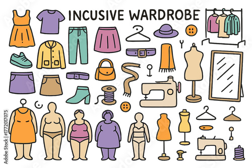 Inclusive Fashion Illustration. Inclusive wardrobe. Hand-drawn doodle illustration dresses (colored), shirts (colored), pants (colored), skirts (colored),