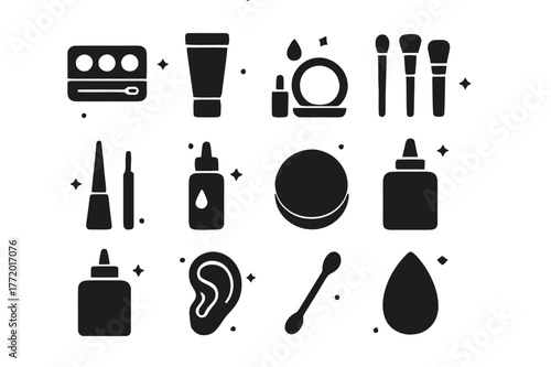 Cosplay Makeup Icons. Cosplay makeup and SFX. Solid icons set of Cosplay makeup and SFX: makeup palette, foundation tube, setting powder, brush set, liquid