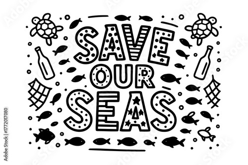 Ocean-Themed Display Art. Save Our Seas ? playful decorative display lettering; patterned letters (dots/stripes/stars), gently arched word-shape; framed with