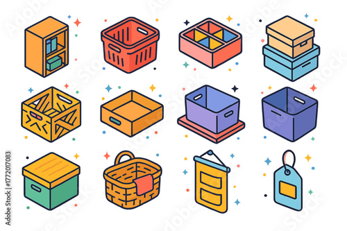 Colorful Minimalist Storage Icons. Minimalist storage solutions. Colorful isometric vector icons set of Minimalist storage solutions: open shelving, storage