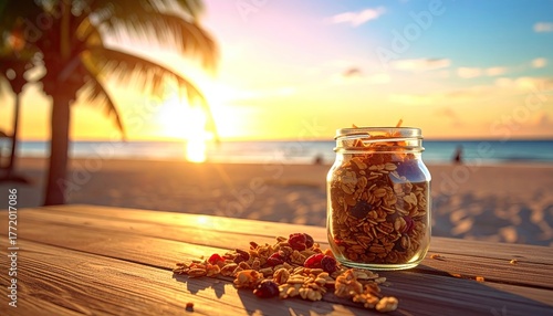 Fototapeta Naklejka Na Ścianę i Meble -  Granola Jar On Wooden Table Against Beach Sunset Scene With Palm Tree Silhouettes and Golden Hour Lighting