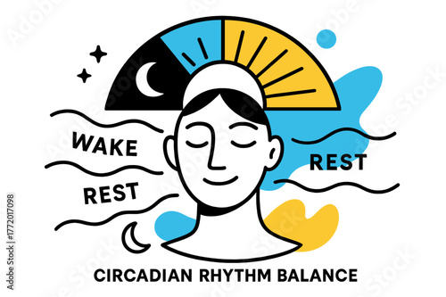 Harmonious Circadian Rhythm. Circadian Rhythm Balance. A sunrise clock arcs from night to day behind a calm face; ?Wake ? Rest ? Reset? floats in rhythm lines.