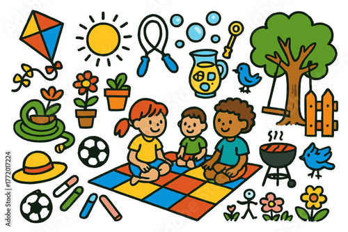 Backyard Playtime Illustration. Backyard playtime. Colorful Hand-drawn doodle Children illustration Backyard playtime picnic blanket, soccer ball, bubbles