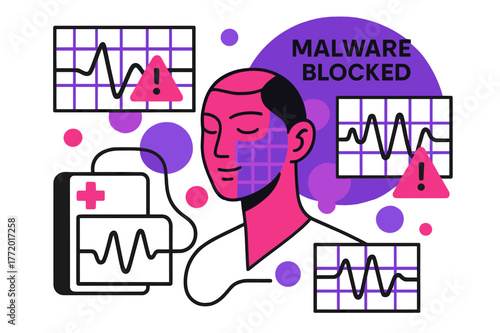 AI Safeguarding Healthcare. Cybersecurity for healthcare devices ? AI threat detection. A digital face scans anomalies across waveform grids; warning triangles