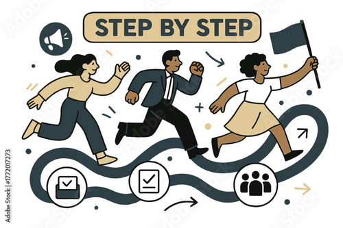 Step by Step Campaign. Campaign roadmap. Timeline winding across the scene, dotted with icons for outreach, polls, and community events; banner reads ?Step by