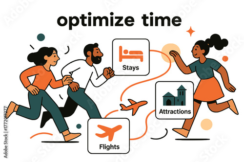 Optimized Travel Itinerary. AI Assistants ? Trip Planner. Cards for flights, stays, and sights snap into a smooth itinerary line; a tiny plane follows the