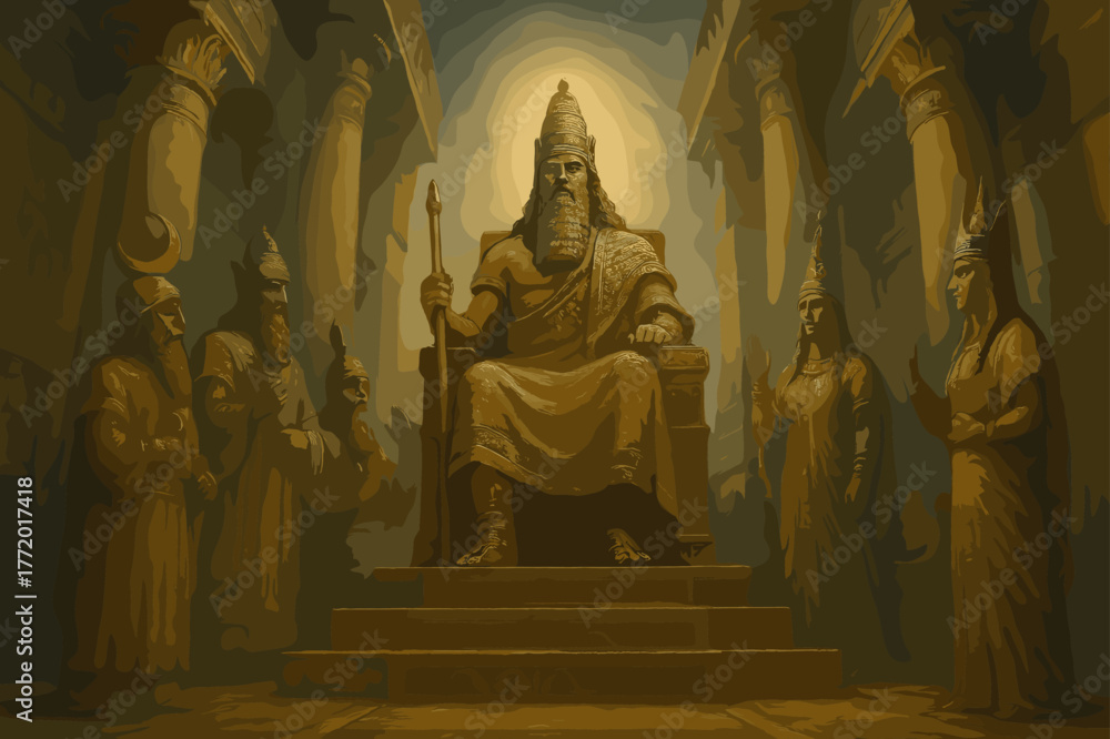 Fototapeta premium Divine Assembly in Babylon. Babylonian courtroom of the gods, Marduk enthroned, other deities in attendance, monumental columns, low-angle view, painterly