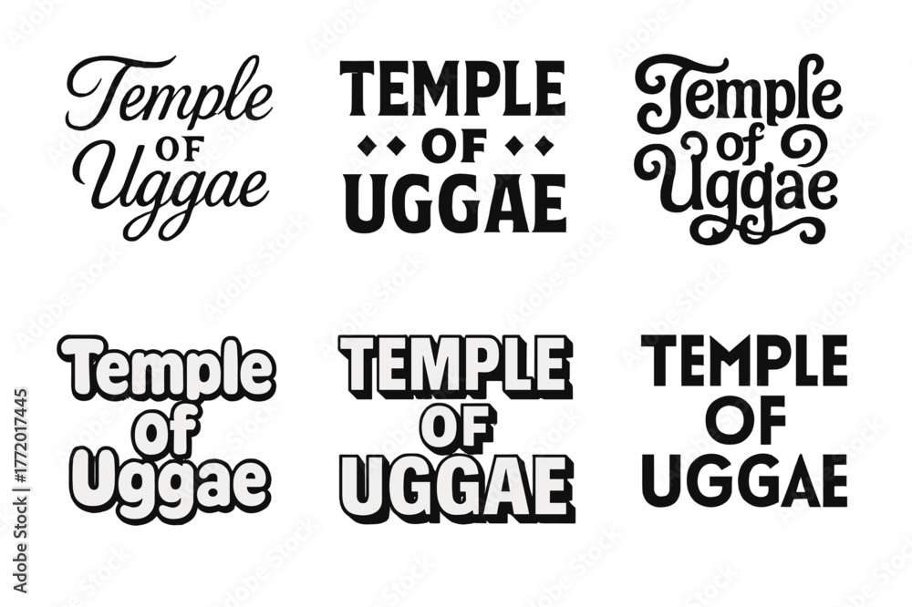 Obraz premium Diverse Lettering Styles. Temple of Uggae. Set lettering. harmonious lettering variations of the same emblematic concept, each with different