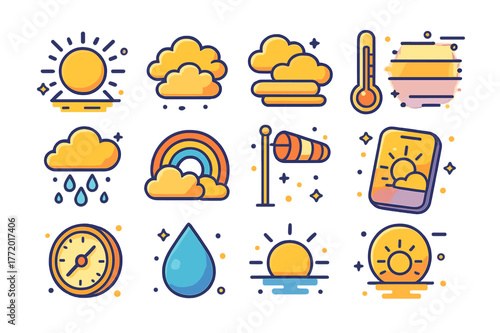 Dawn Weather Icons. weather at dawn. Colorful isometric vector icons set of weather at dawn: clear sky icon, scattered clouds, overcast layer, fog bank, light