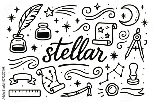 Stellar Calligraphy Elements. Stellar calligraphy. Hand-drawn doodle illustration stellar calligraphy quill, ink bottle, star trails, comet tail, curved