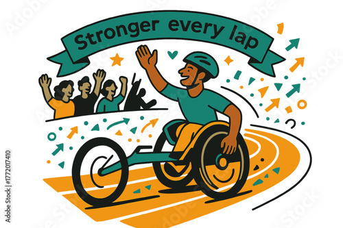 Wheelchair Racer Triumph. Wheelchair racer victory lap. Wheels sketch clean halos as the athlete salutes the crowd; ?Stronger every lap? ribbons above the