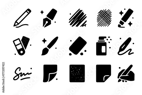 Art Process Icons. Art Process. Solid icons set of Art Process: pencil outline, ink layer, shading lines, crosshatch, color swatch, blending brush, eraser