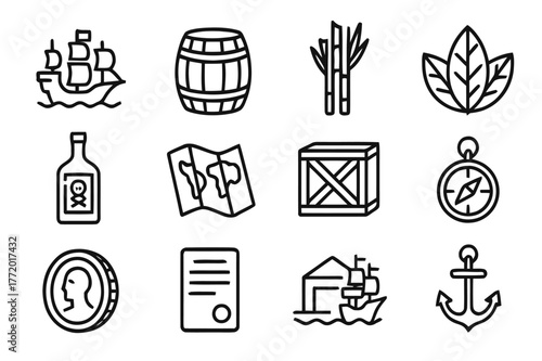 Colonial Trade Icons. Colonial trade. Line icon set of colonial trade: sailing ship, barrel, sugarcane, tobacco leaf, rum bottle, map, crate, compass, coin,