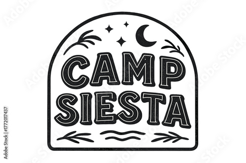 Siesta Camp Lettering. Camp Siesta ? Decorative Display Lettering; playful stylized glyphs with dotted/striped fillings hinting at fabric; arched word-shape