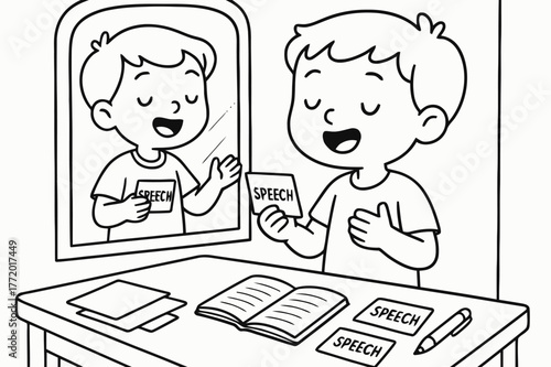 Child Speech Practice. Speech preparation children?s coloring book illustration, outlined drawing, a child practicing a speech in front of a mirror with cue