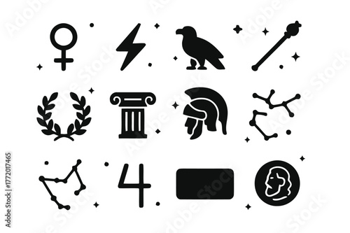 Jupiter Mythology Icons. Jupiter in mythology and culture. Solid icons set of Jupiter in mythology and culture: Jupiter symbol, thunderbolt, eagle, scepter,