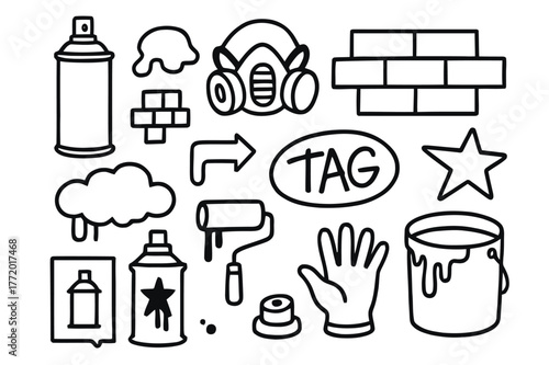Street Art Elements. Street art. Hand-drawn doodle illustration street art spray can, mask, brick wall, roller, tag symbol, stencil, cap, cloud, arrow, paint