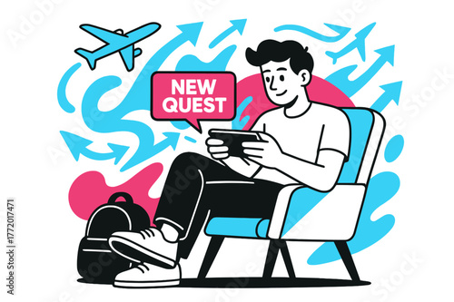 Gaming in Transit. Playing a mobile game on the go ? Airport lounge. Backpack at feet, player leans back in a comfy chair; planes and abstract arrows soar