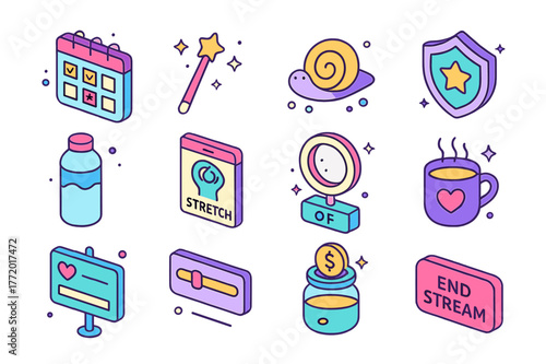 Streamer Self-Care Icons. Streamer self-care. Colorful isometric vector icons set of Streamer self-care: stream schedule calendar, chat moderator wand, slow