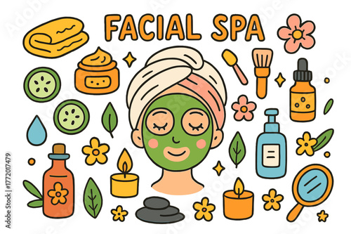 Colorful Spa Doodles. facial spa. Colorful Hand-drawn doodle Children illustration facial spa face mask, cucumber slices, headband, towel, cream jar, brush,