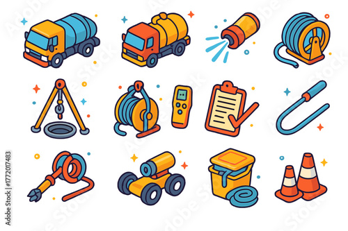 Sewer Maintenance Icons. Sewer maintenance operations. Colorful isometric vector icons set of Sewer maintenance operations: jetting truck, vacuum truck,
