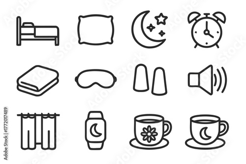Sleep Hygiene Icons. Sleep hygiene. Line icon set of sleep hygiene: bed, pillow, blanket, moon, stars, alarm clock, eye mask, ear plugs, white noise, blackout