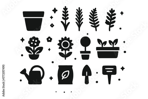 Porch Plant Icons. Porch Plants. Solid icons set of Porch Plants: terracotta pot, lavender, rosemary, fern, hydrangea, sunflower, topiary, planter box,