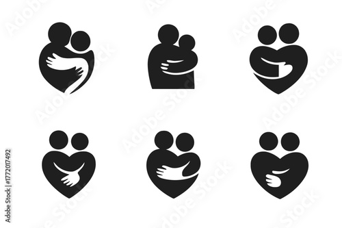 Harmony in Love Logos. Love and affection. Set Logo of Love and affection: Hug. harmonious logo variations of the same emblematic concept, each with different