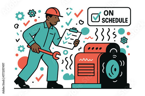 Maintenance Inspection Scene. Preventive Maintenance. Technician with checklist and torque wrench, inspecting a humming machine labeled ?on schedule?. Calm,