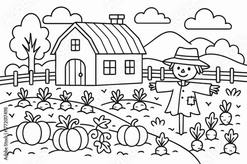 Farmhouse Coloring Fun. Country farmhouse garden children?s coloring book illustration, outlined drawing, farmhouse with vegetable garden and scarecrow,
