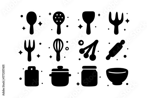 Wooden Spoon Icons. Wooden Spoon. Solid icons set of Wooden Spoon: cooking spoon, slotted spoon, ladle, spatula, fork, whisk, measuring spoon, rolling pin,
