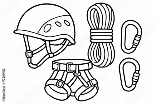 Rock Climbing Gear. Rock climbing gear children?s coloring book illustration, outlined drawing, set of safety helmet, rope, harness, and carabiners neatly