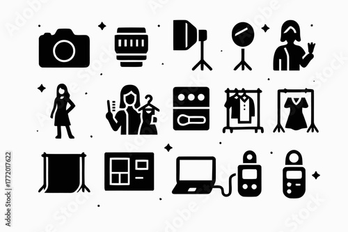 Fashion Icon Set. Fashion Shoot. Solid icons set of Fashion Shoot: camera body, prime lens, softbox, reflector, model, stylist, makeup kit, clothing rack,