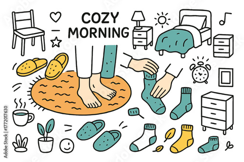 Cozy Morning Essentials. Cozy morning. Hand-drawn doodle illustration slippers (colored), feet (colored), hands (colored), socks (colored), chair (colored),
