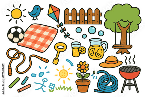 Backyard Playtime Illustration. Backyard playtime. Colorful Hand-drawn doodle Children illustration Backyard playtime picnic blanket, soccer ball, bubbles