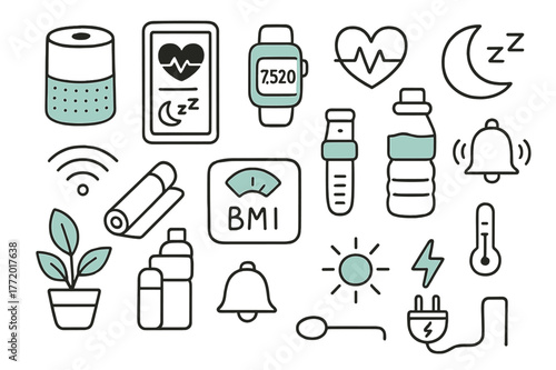 Home Health Tech Icons. // Home technology for health and wellness. Hand-drawn doodle illustration home technology for health and wellness [smart speaker