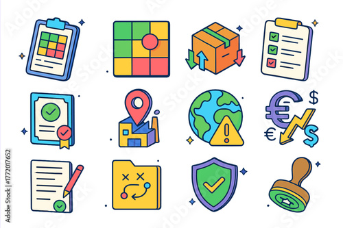 Supplier Risk Icons. Supplier risk management. Colorful isometric vector icons set of Supplier risk management: supplier scorecard, risk heatmap, dual sourcing